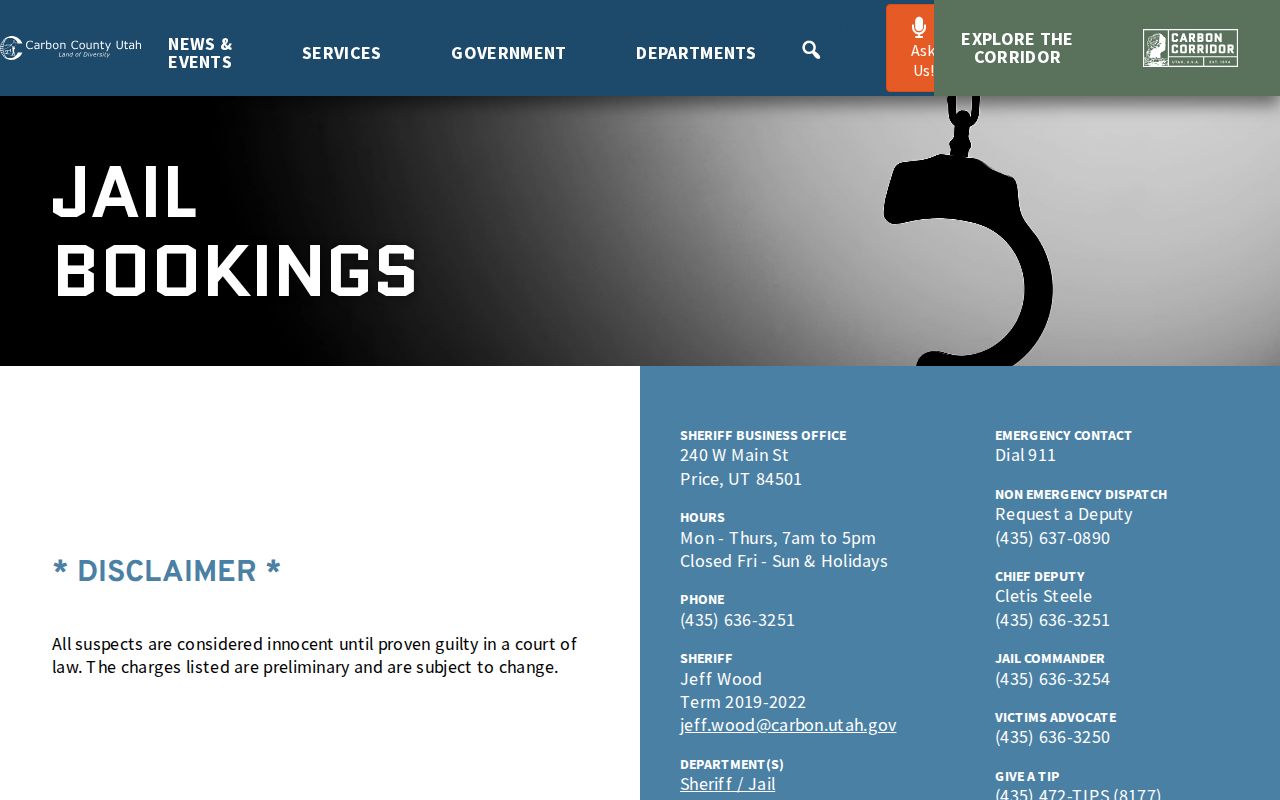 Carbon County Jail current booking record and release-search limits